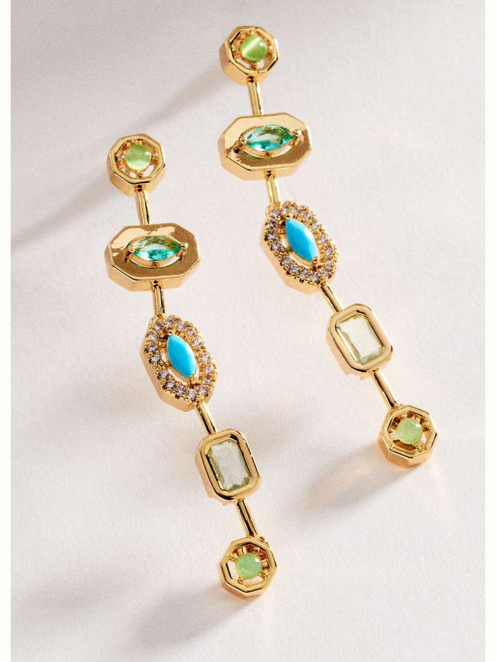 Anthropologie 14KT Gold Plated Drop Earrings Shaped Stone New Blue Green